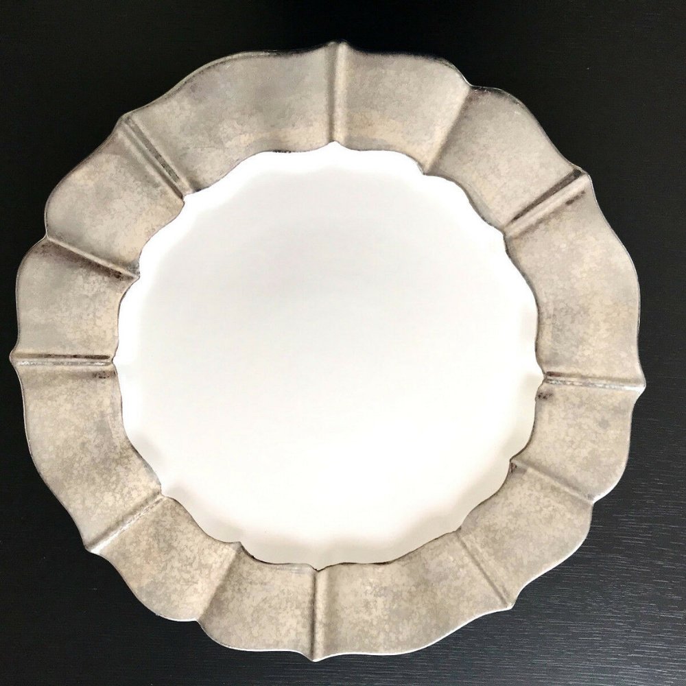 Anthropologie Large Ceramic Serving Plate Platter White Silver Serveware